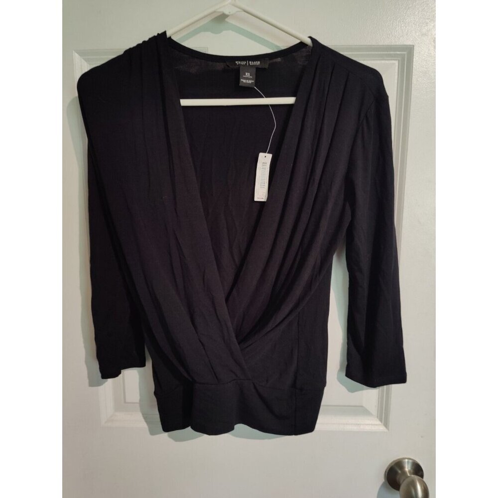 WHBM Black 3/4-Sleeve Faux Wrap V-Neck Knit Top Blouse Stretch XS NWT